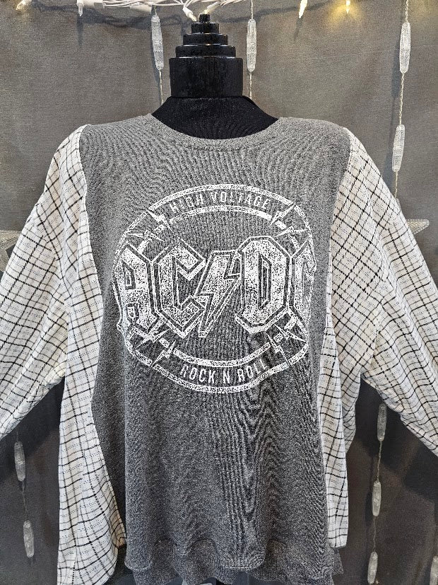 #134 AC/DC High Voltage Upcycled Flannel Sweatshirt – Size 2X