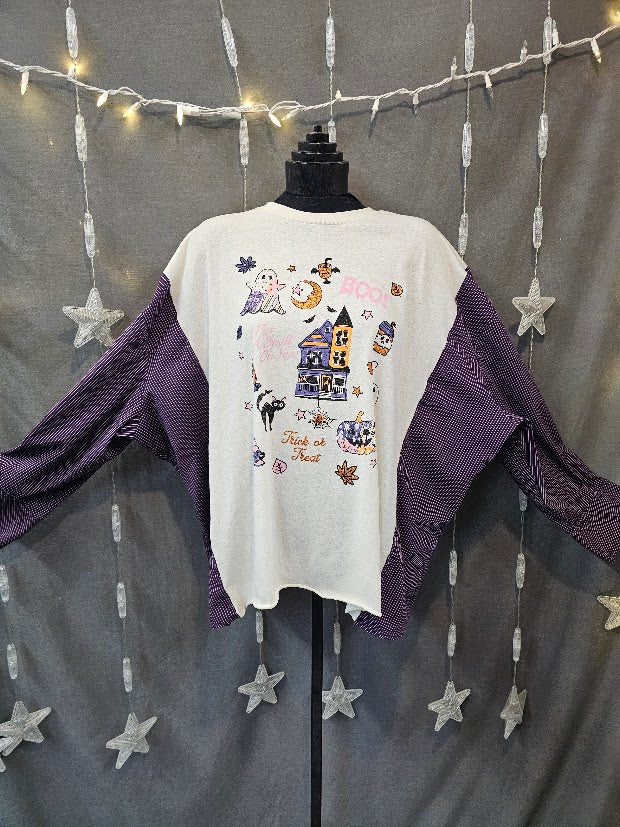 #54 Halloween Cute Graphic Tee/ Purple white 3/4 Sleeve upcycle XXL