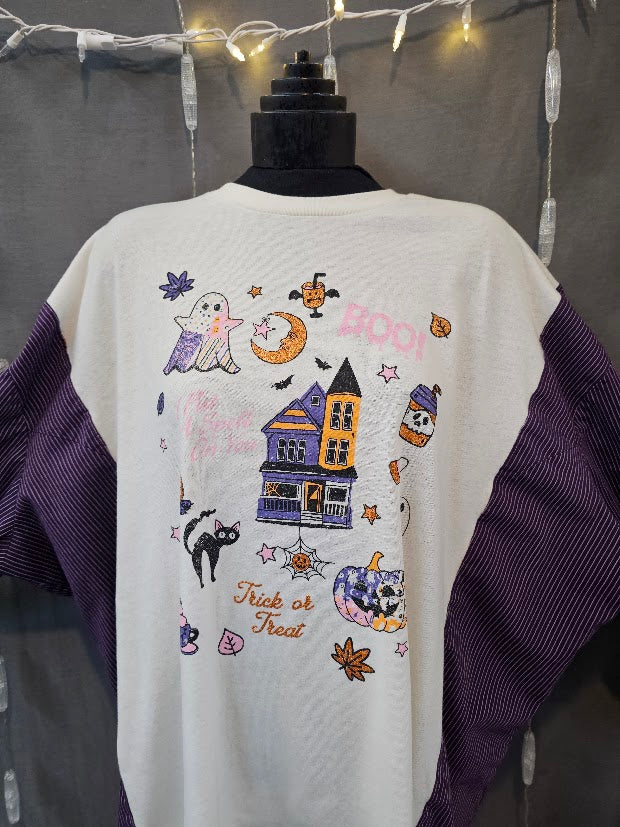 #54 Halloween Cute Graphic Tee/ Purple white 3/4 Sleeve upcycle XXL