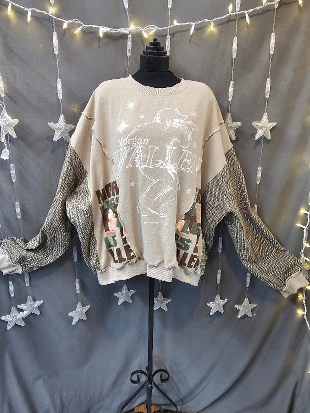 #102 Morgan Wallen Graphic Sweatshirt with Flannel Sleeves Upcycle, 2-3X