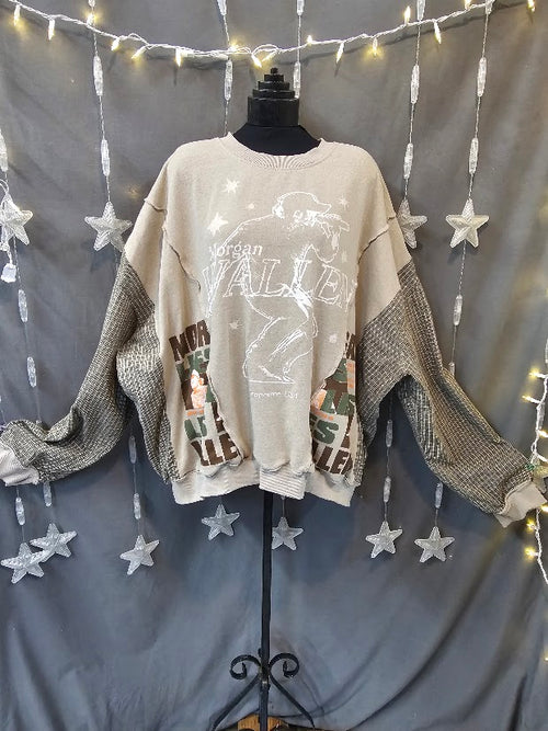#102 Morgan Wallen Graphic Sweatshirt with Flannel Sleeves Upcycle, 2-3X