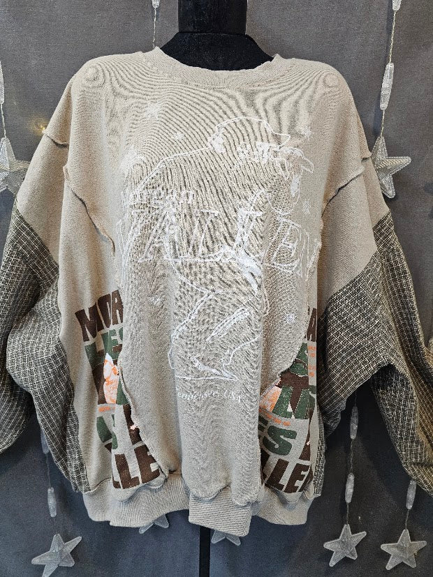 #102 Morgan Wallen Graphic Sweatshirt with Flannel Sleeves Upcycle, 2-3X