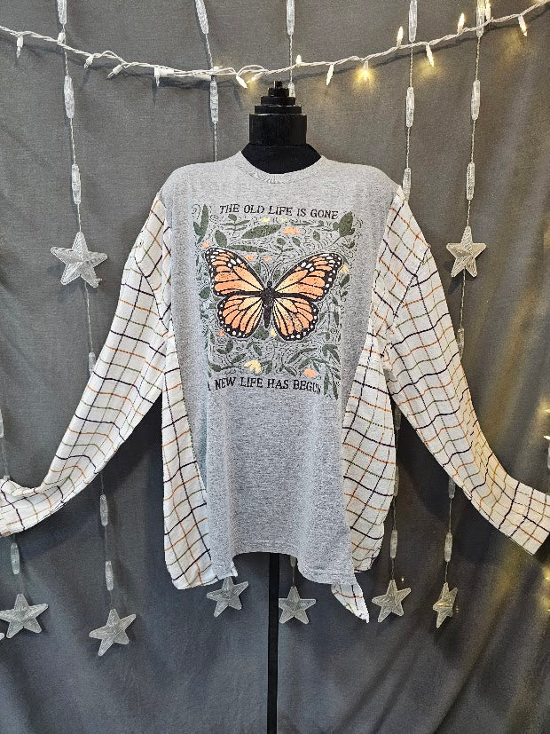 #116 "The Old Life is Gone, A New Life Has Begun" Butterfly Graphic Tee with Flannel Sleeves, XL