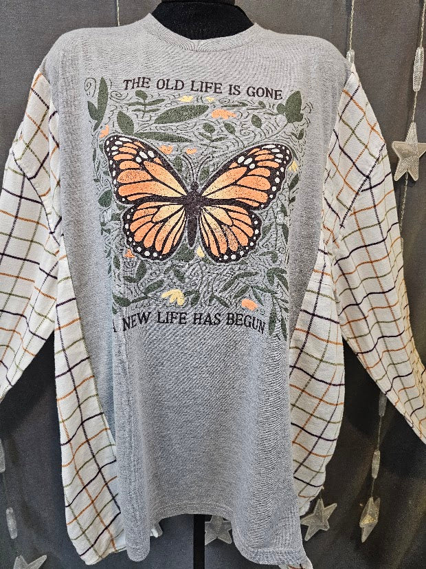 #116 "The Old Life is Gone, A New Life Has Begun" Butterfly Graphic Tee with Flannel Sleeves, XL