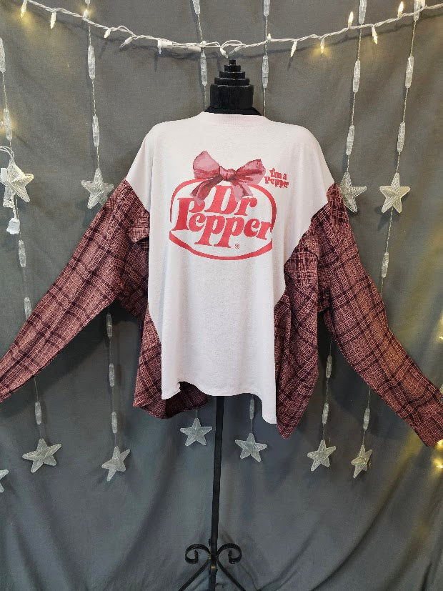# 123 Dr Pepper Graphic Tee with Flannel Sleeves upcycle, 2X