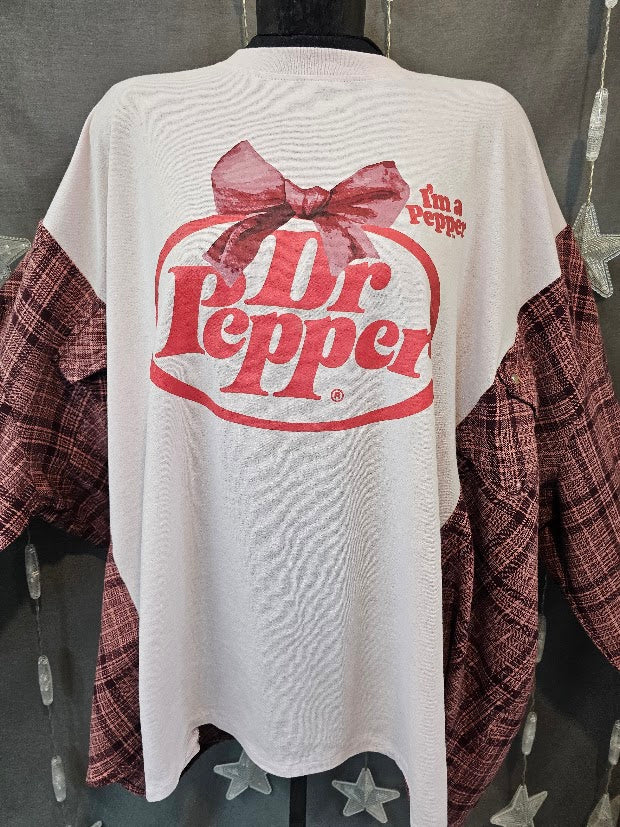 # 123 Dr Pepper Graphic Tee with Flannel Sleeves upcycle, 2X