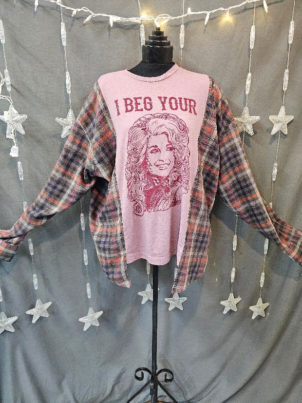#134 I Beg Your Pardon Graphic Tee with Flannel Sleeves, XXL