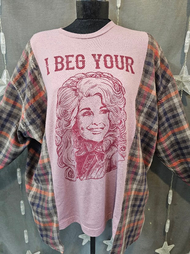 #134 I Beg Your Pardon Graphic Tee with Flannel Sleeves, XXL