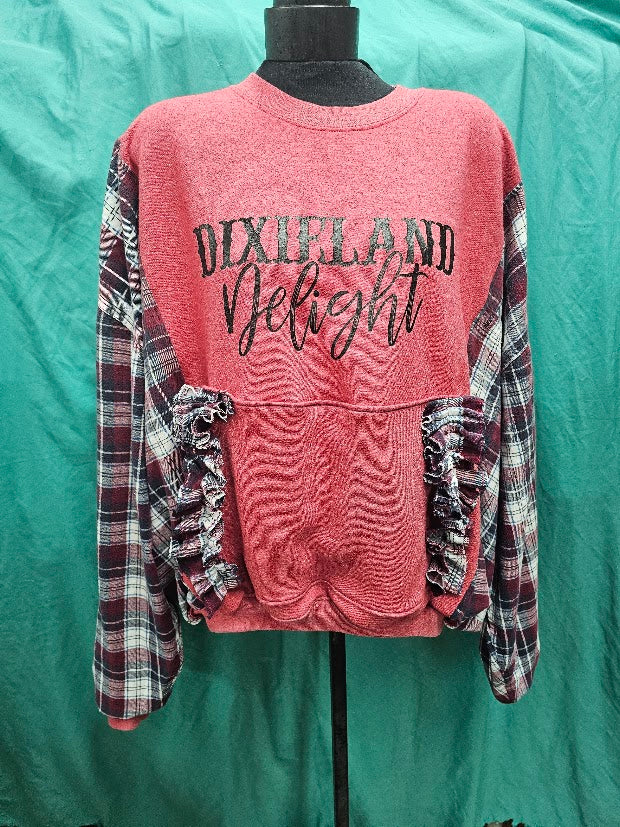 #139 Dixieland Delight Upcycled Sweatshirt with Flannel Sleeves | Fits 2X–3X