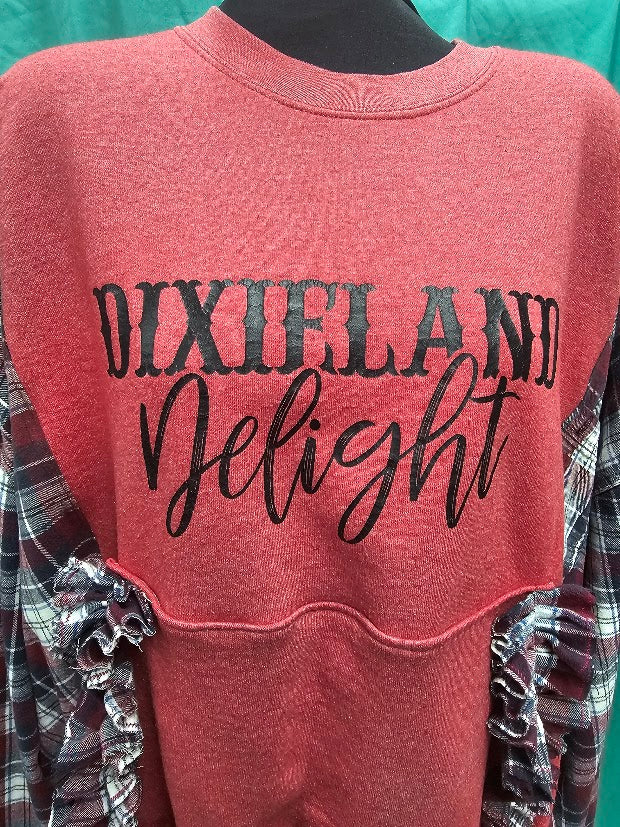 #139 Dixieland Delight Upcycled Sweatshirt with Flannel Sleeves | Fits 2X–3X
