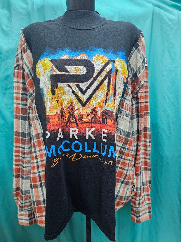 #143 Parker McCollum Front & Back Graphic Concert Tee Upcycled with Flannel Sleeves, Women's Size Large