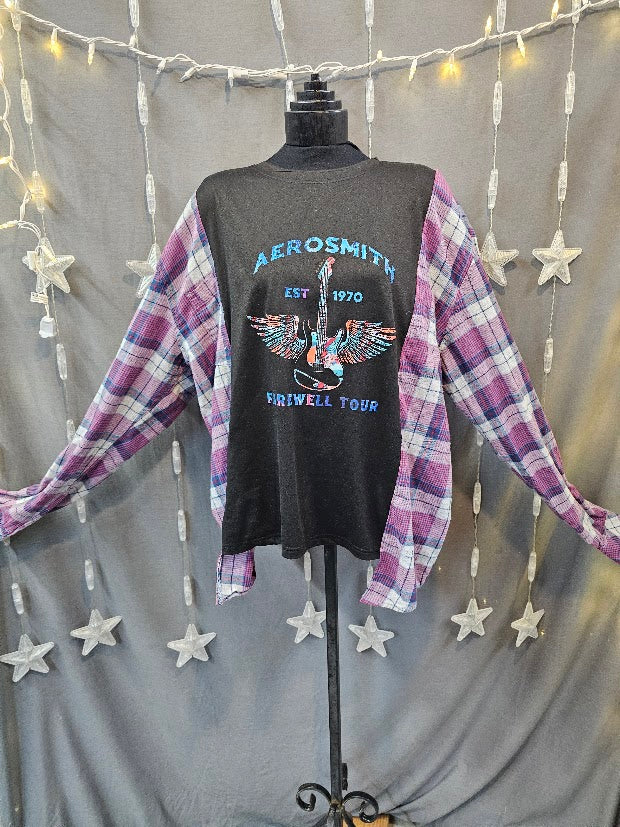 #144 Aerosmith Farewell Tour Tee Upcycled with Plaid Flannel Sleeves, Size Large Oversized