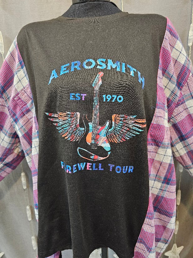 #144 Aerosmith Farewell Tour Tee Upcycled with Plaid Flannel Sleeves, Size Large Oversized