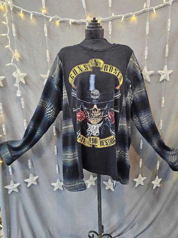 #148 Guns N' Roses Appetite for Destruction Tee Upcycled with Plaid Flannel Sleeves, Size XL Oversized Fit
