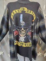 #148 Guns N' Roses Appetite for Destruction Tee Upcycled with Plaid Flannel Sleeves, Size XL Oversized Fit