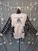#149 Forgiven But Still Feral Raccoon Sweatshirt Upcycled with Flannel Sleeves & Ruffle Pocket, Size 1X