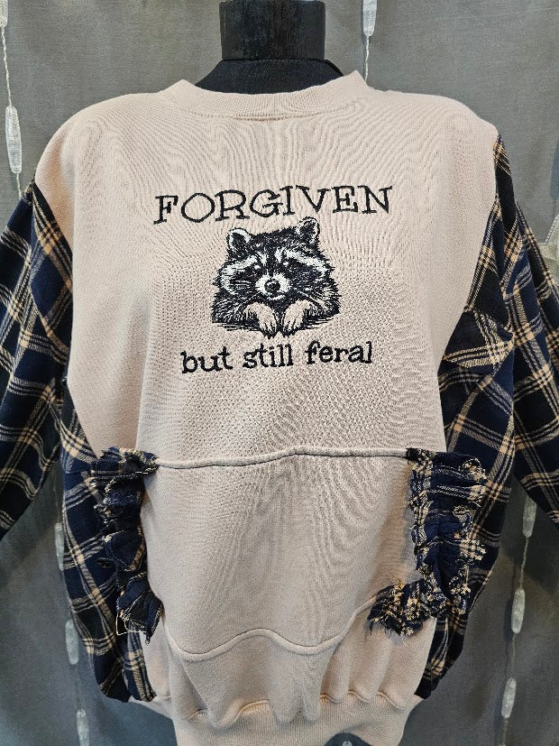 #149 Forgiven But Still Feral Raccoon Sweatshirt Upcycled with Flannel Sleeves & Ruffle Pocket, Size 1X