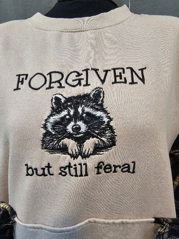 #149 Forgiven But Still Feral Raccoon Sweatshirt Upcycled with Flannel Sleeves & Ruffle Pocket, Size 1X