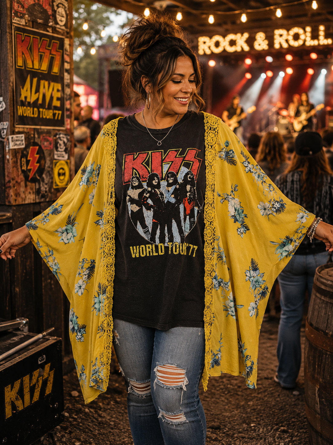 #76 KISS World Tour '77 Lace Trim Kimono Sleeve Poncho Upcycled Top OSFM