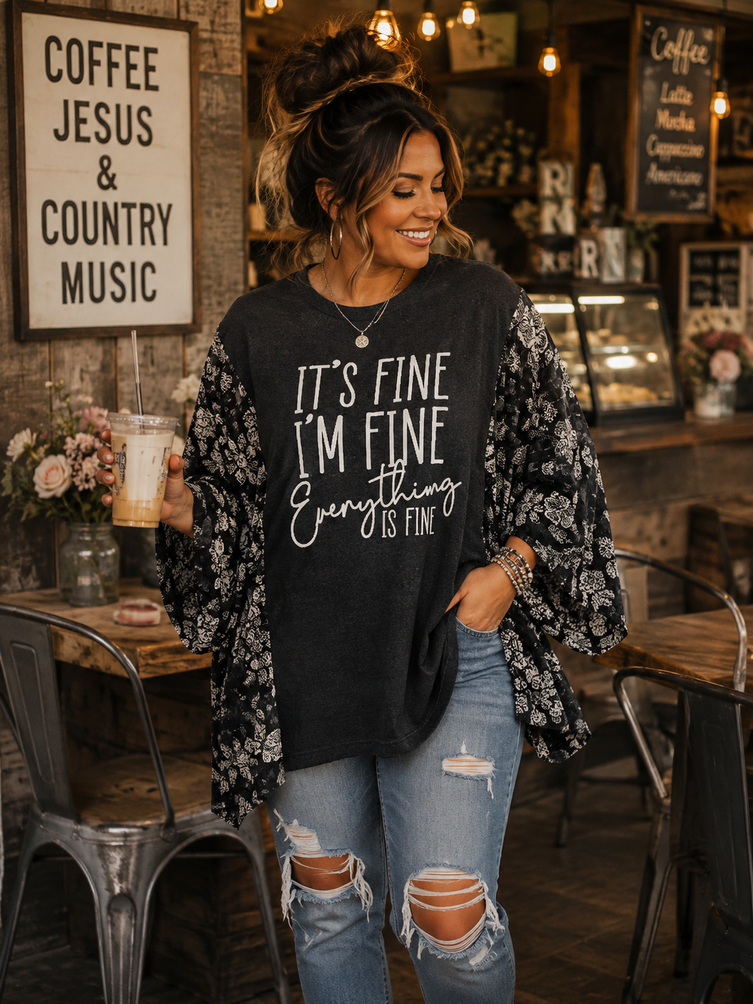 #54 It's Fine I'm Fine Everything Is Fine Kimono Sleeve Upcycled Top OSFM