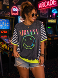 #118 Nirvana Graphic Tee & Striped Sleeve Upcycle with Neon Banded Hem 2X