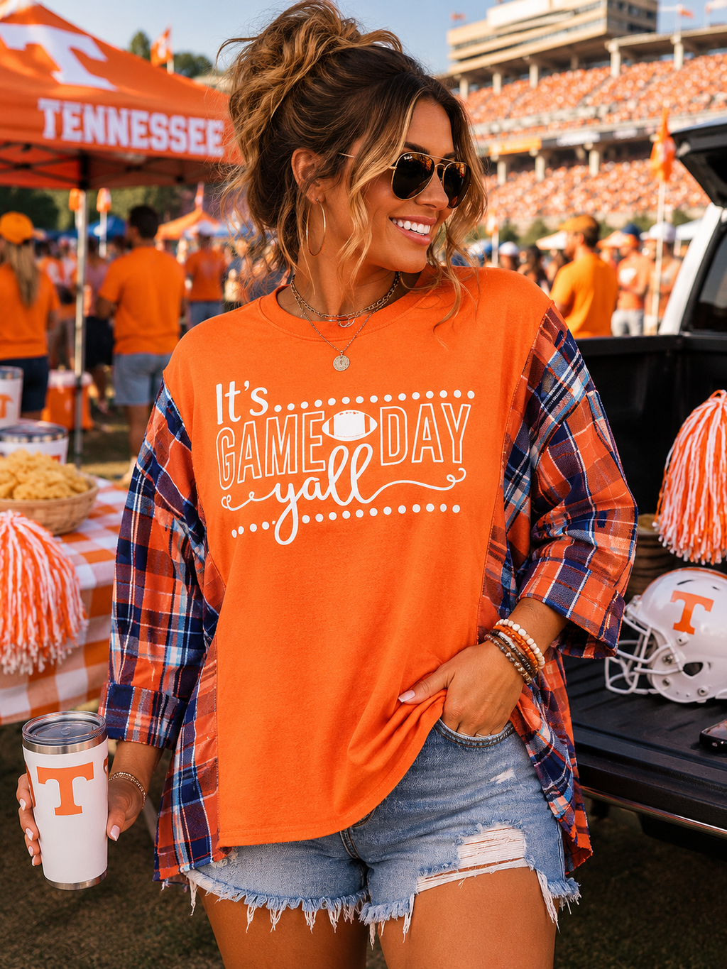 #106 It's Game Day Y'all Graphic Tee & Plaid Sleeve Upcycle – Size Large - 2X
