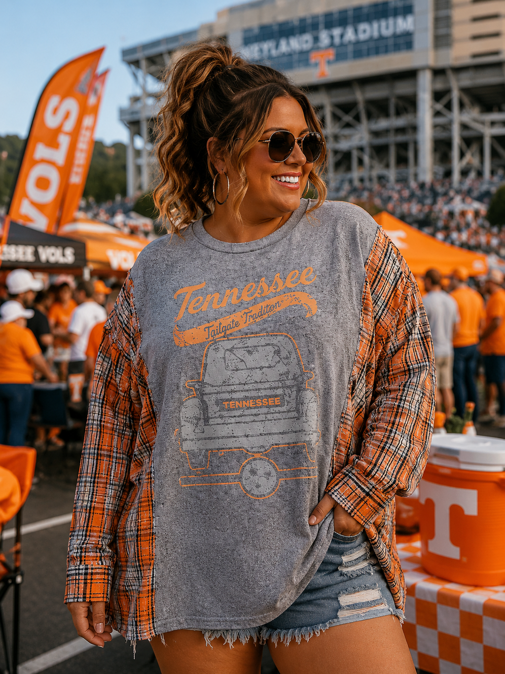 #121 Tennessee Tailgate Tradition Graphic Tee & Plaid Sleeve Upcycle – Size 2/3X