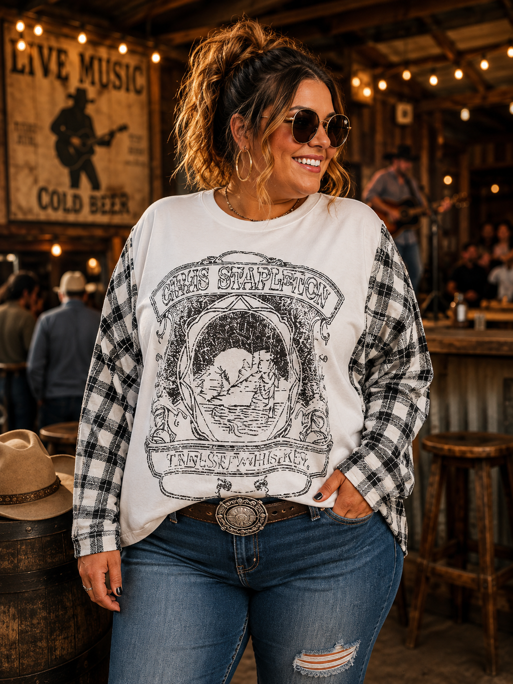 #115 Chris Stapleton Tennessee Whiskey Graphic Tee & Plaid Sleeve Upcycle – Cut Collar – Size XL - 1X