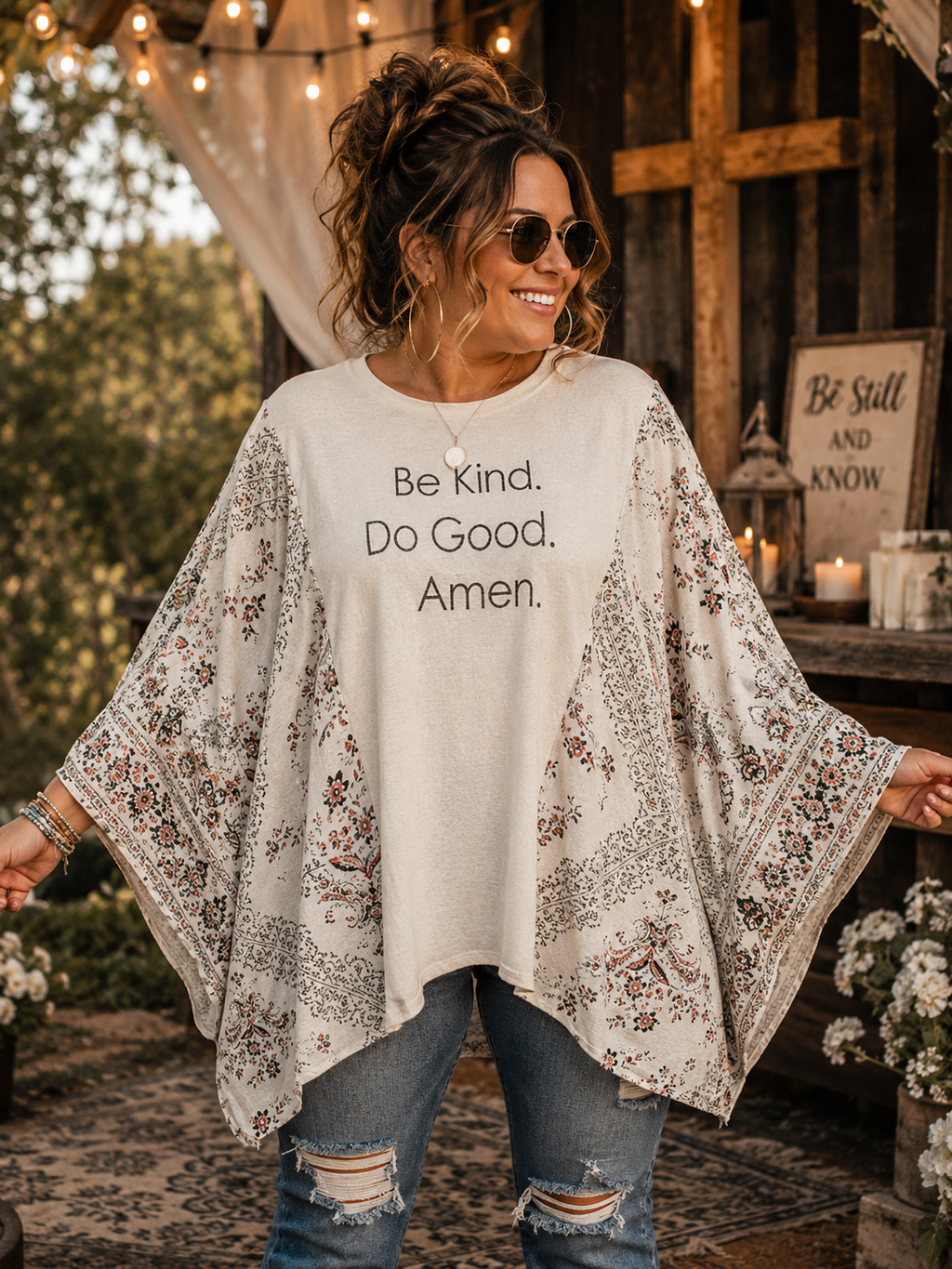 #125 Be Kind Do Good Amen Graphic Tee & Kimono Sleeve Poncho Upcycle – OSFM SizeLarge - 2X/3X