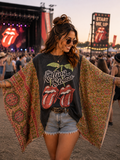 #106 Rolling Stones Kantha Poncho Style Upcycle — Earthy Geometric Panels OSFM