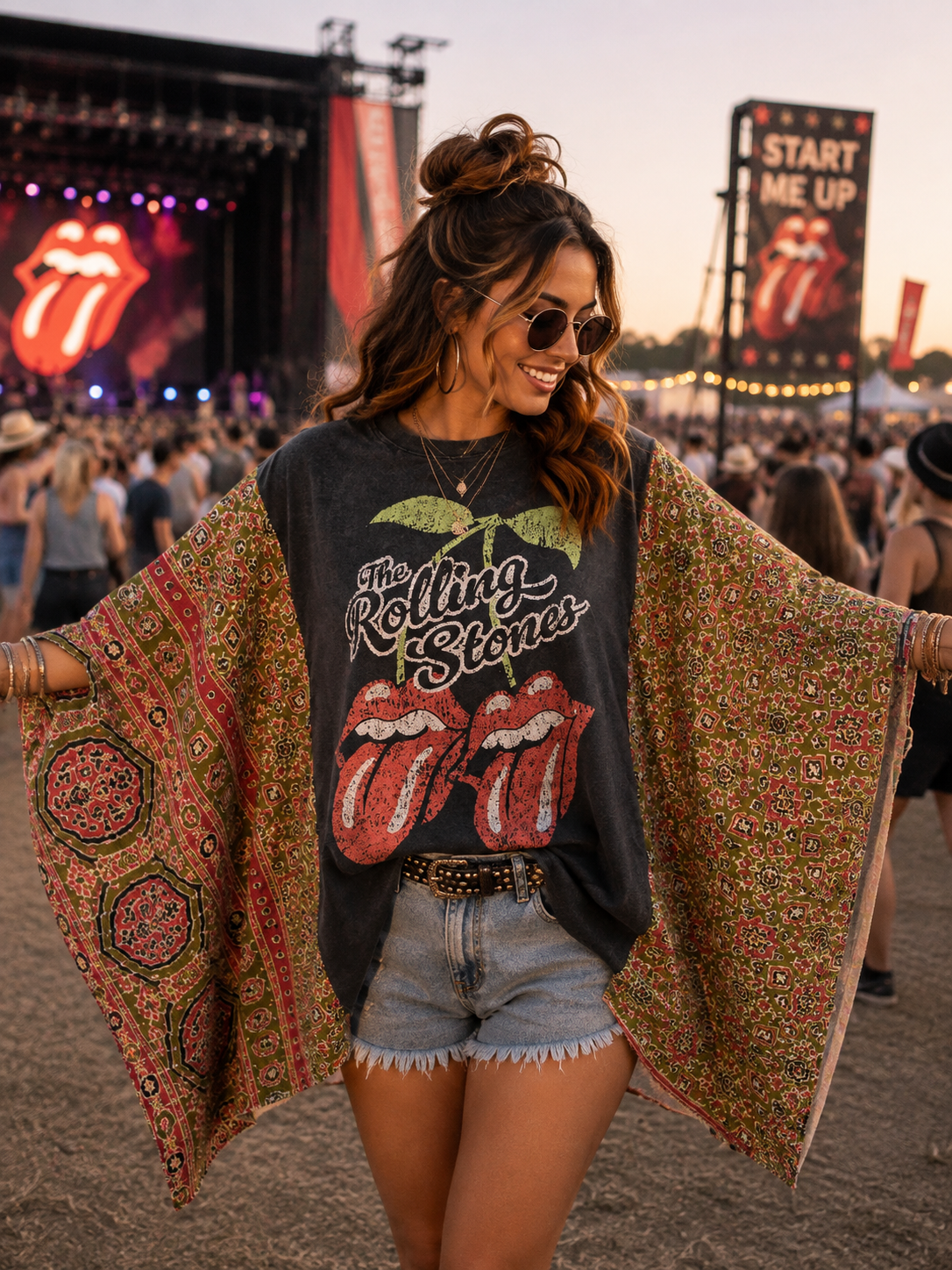 #106 Rolling Stones Kantha Poncho Style Upcycle — Earthy Geometric Panels OSFM