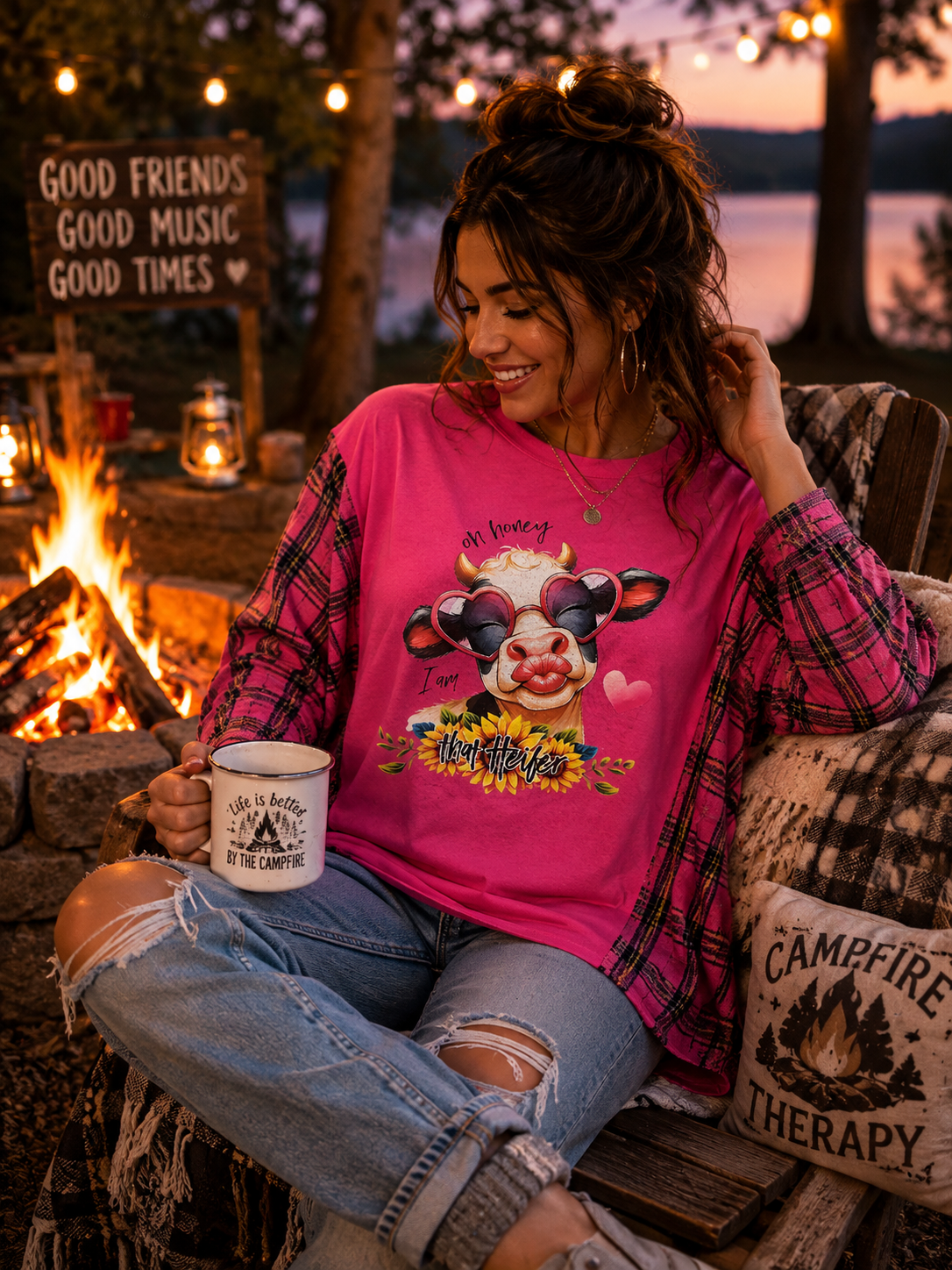 #114 "Oh Honey I Am That Heifer" Upcycled Campfire Tee — Pink Plaid Flannel Sleeves L - XL