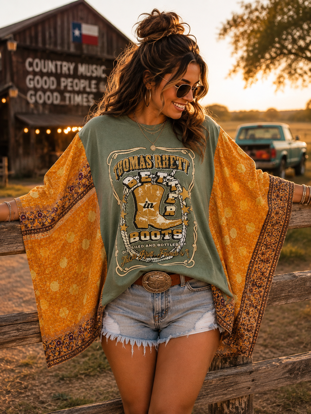 #46 Thomas Rhett "Better in Boots" Kantha Poncho Style  Upcycle — Golden Medallion Panels OSFM