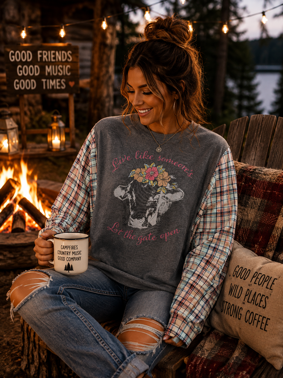 #47 "Live Life Like Someone Left the Gate Open" Upcycled Campfire Tee — Pastel Plaid Sleeves L - XL