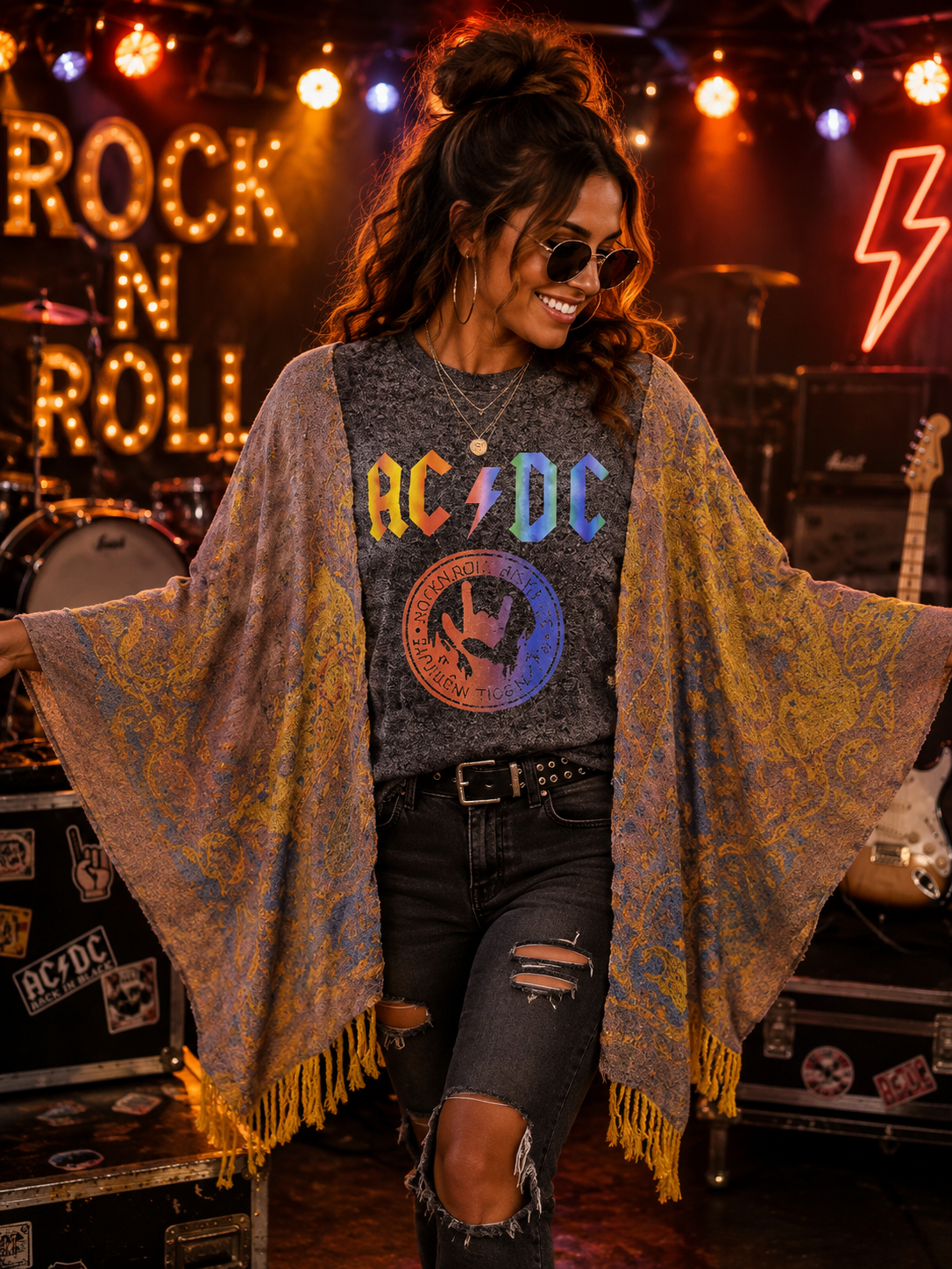 #50 AC/DC Upcycled Fringe Scarf Poncho Style— Acid-Washed Woven Panels OSFM