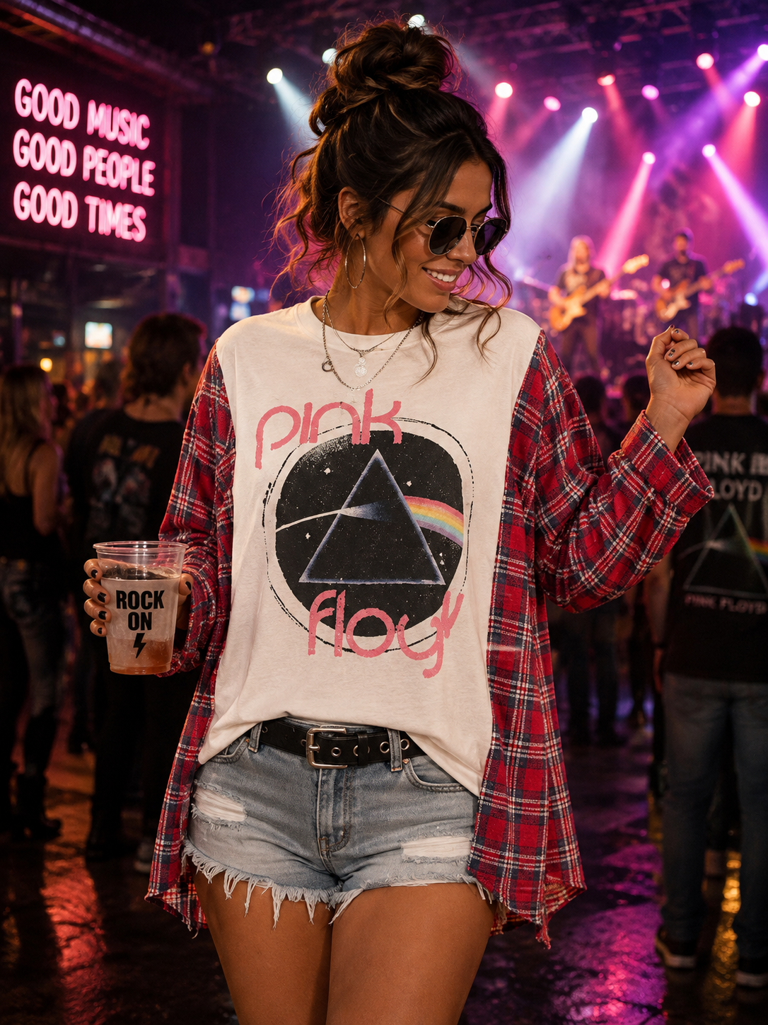 #78 Pink Floyd "Dark Side of the Moon" Upcycled Campfire Tee — Red Plaid Flannel Sleeves Med - Large