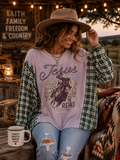 #76 "Jesus Take the Reins" Upcycled Campfire Tee — Green Plaid Flannel Sleeves Large - 1X