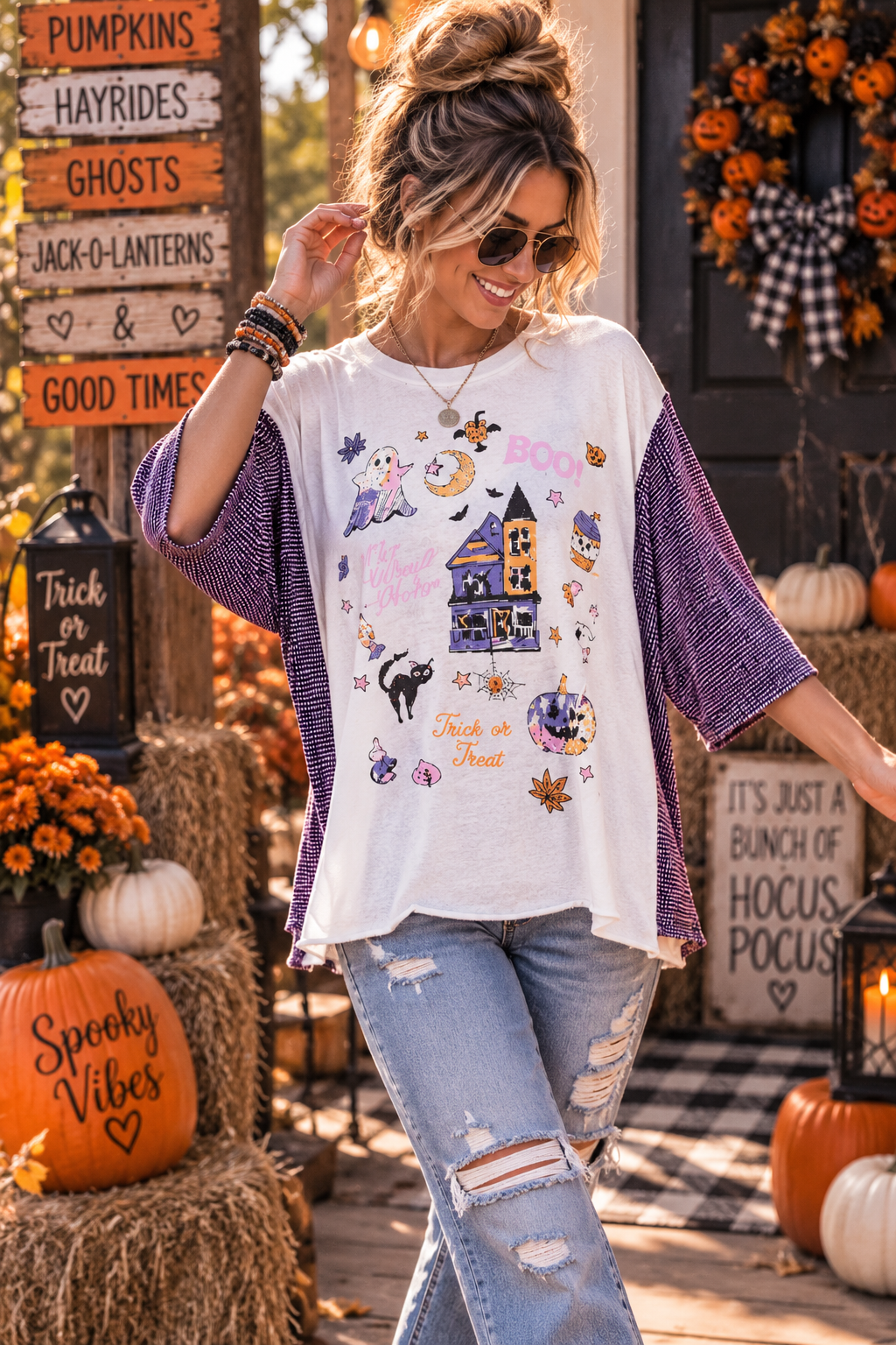 #54 Halloween Cute Graphic Tee/ Purple white 3/4 Sleeve upcycle XXL