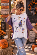 #54 Halloween Cute Graphic Tee/ Purple white 3/4 Sleeve upcycle XXL