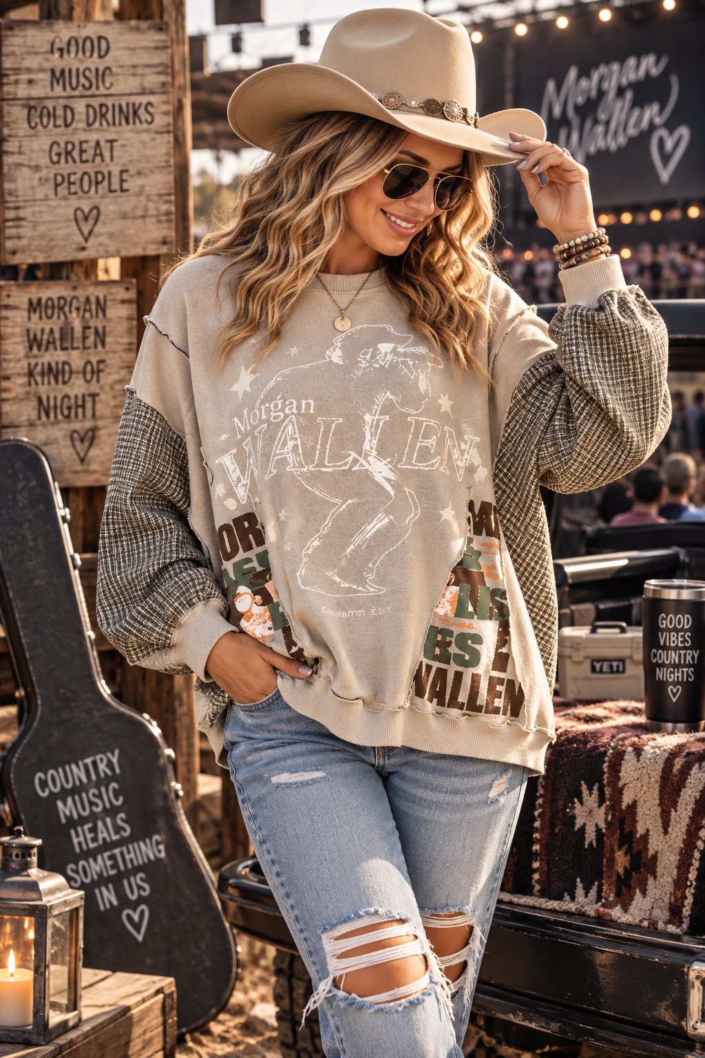 #102 Morgan Wallen Graphic Sweatshirt with Flannel Sleeves Upcycle, 2-3X