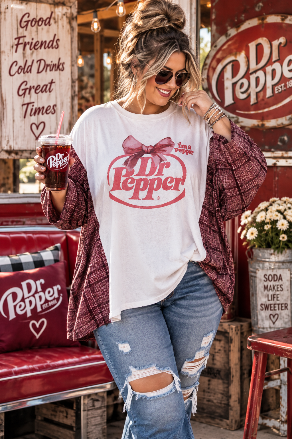 # 123 Dr Pepper Graphic Tee with Flannel Sleeves upcycle, 2X