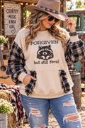 #149 Forgiven But Still Feral Raccoon Sweatshirt Upcycled with Flannel Sleeves & Ruffle Pocket, Size 1X