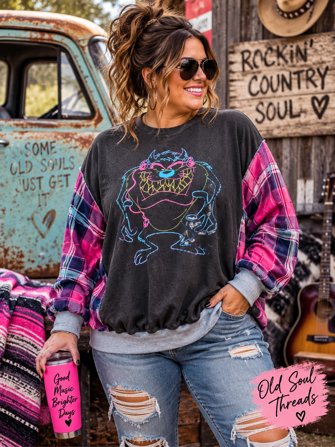 #23 Neon TAZ Flannel Sleeve Upcycled Sweatshirt Tee – 1X/2X