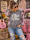 #54 In Dolly We Trust Upcycled Plaid Sleeve Sweatshirt