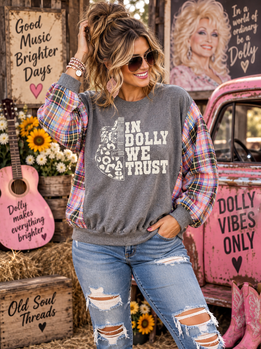 #54 In Dolly We Trust Upcycled Plaid Sleeve Sweatshirt