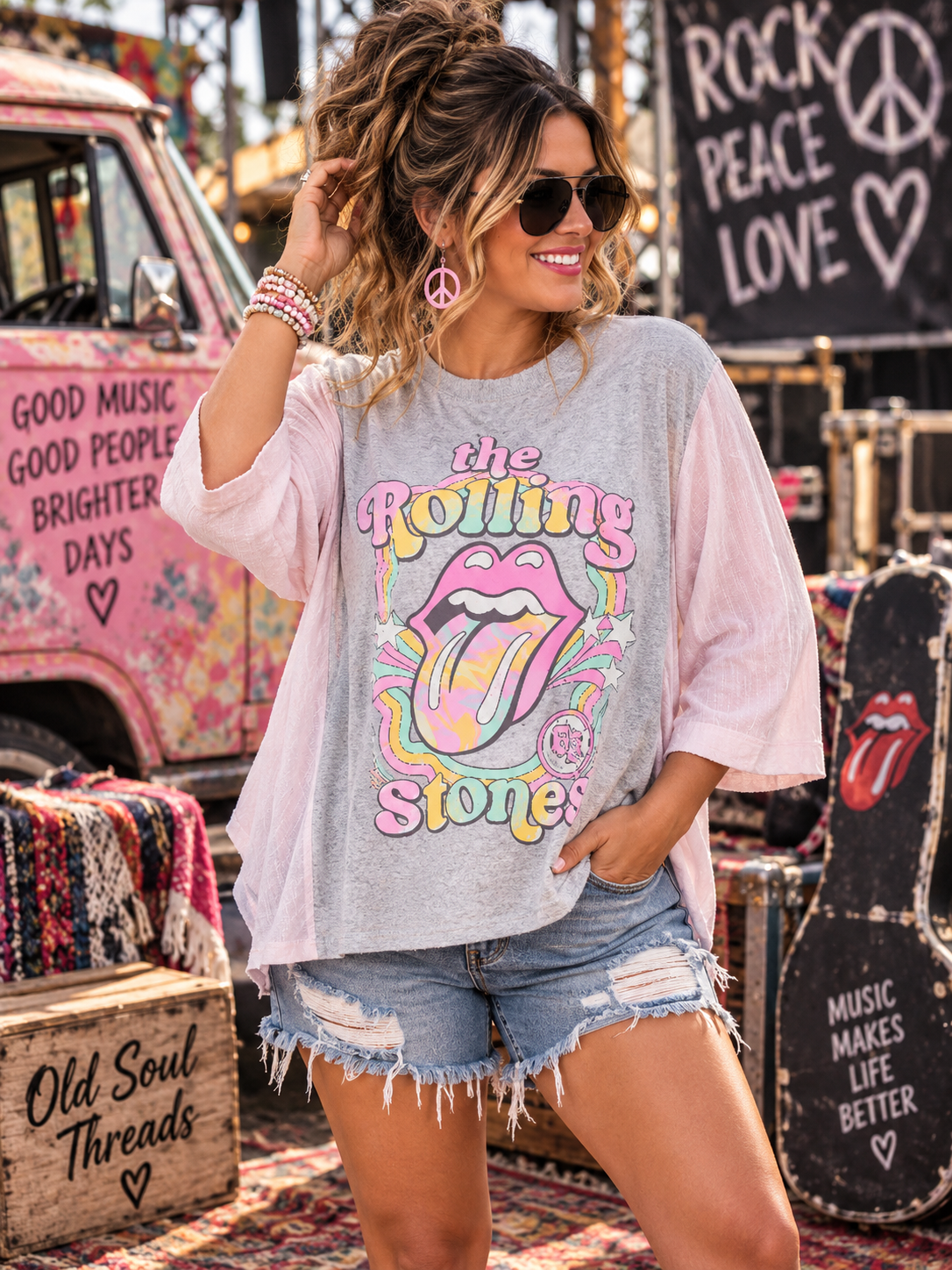#55 Pastel Rolling Stones Upcycled 3/4 Sleeve Tee – XL/1X