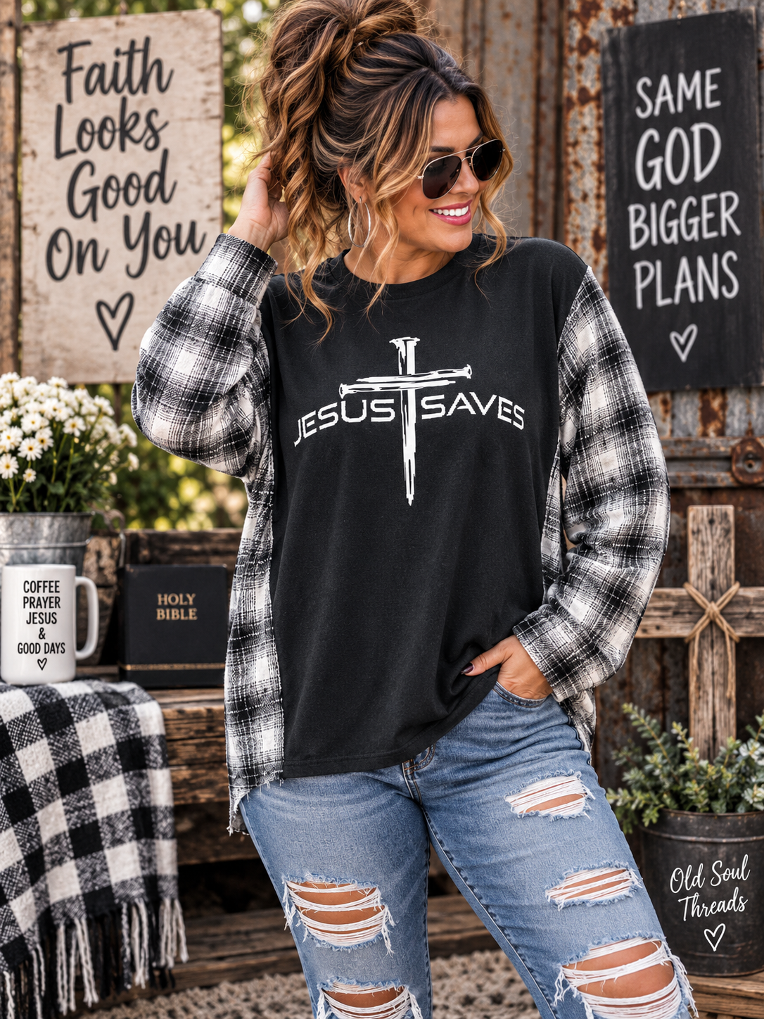 #62 Jesus Saves Upcycled Black & White Plaid Flannel Sleeve Tee – XL