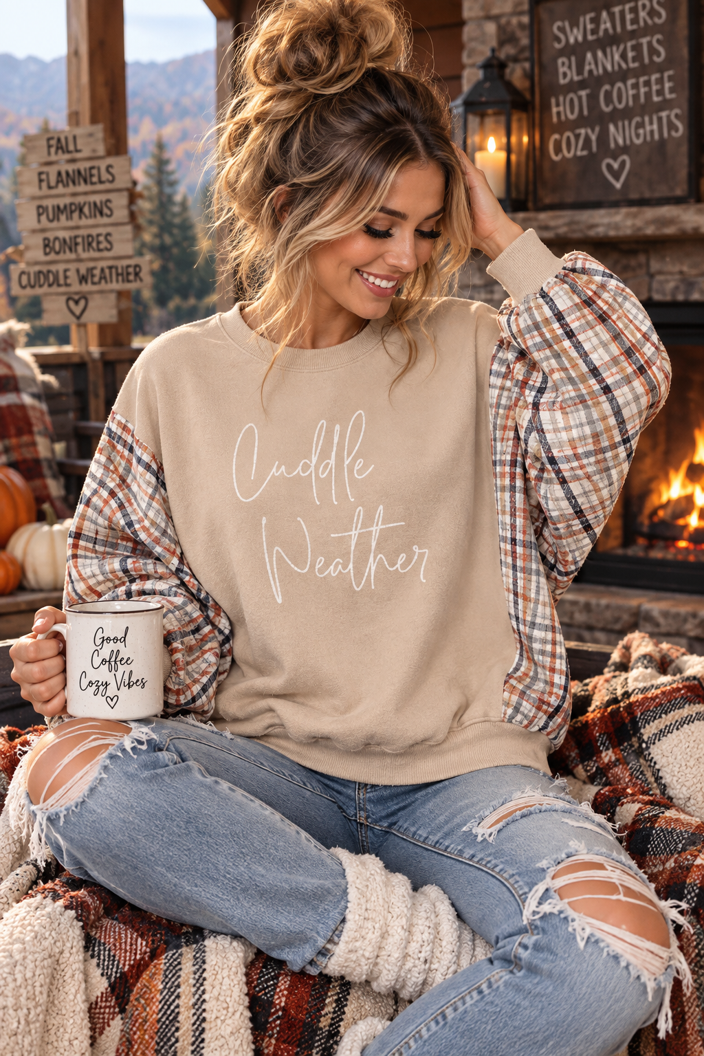 #124 Cuddle Weather Upcycled Plaid Sleeve Sweatshirt – 2XL