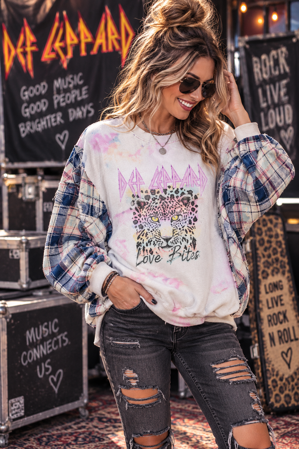 #125 Def Leppard Love Bites Tie Dye Upcycled Flannel Sleeve Sweatshirt – 2X