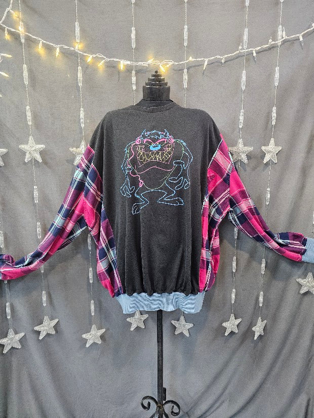 #23 Neon TAZ Flannel Sleeve Upcycled Sweatshirt Tee – 1X/2X
